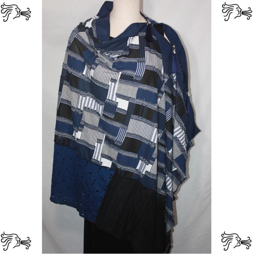 Patchwork Poncho Denim Blue, Black and White Knit